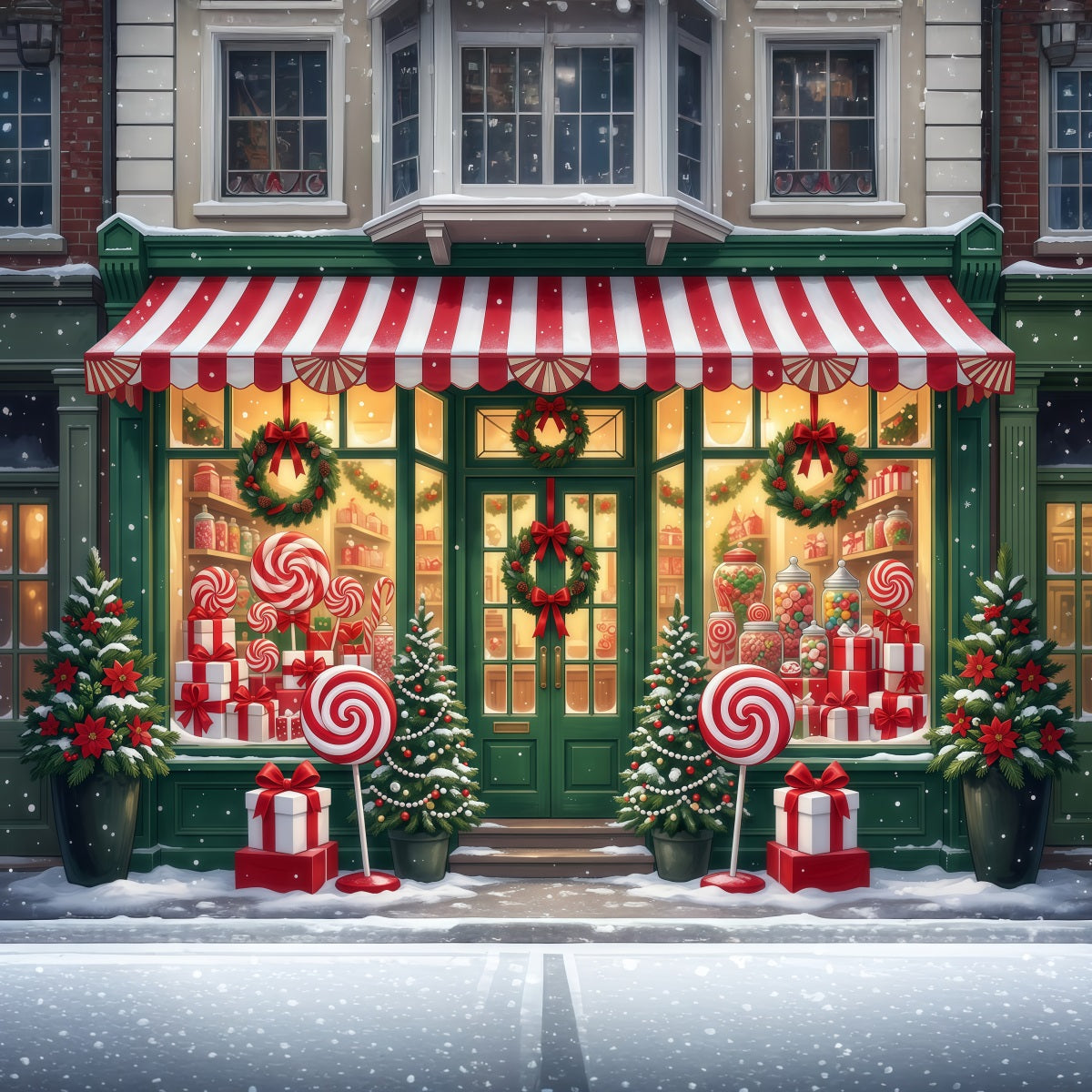 Christmas Candy Cane Backdrop Lollipop Candy Shopfront Merry Christmas Backdrop RR610-70