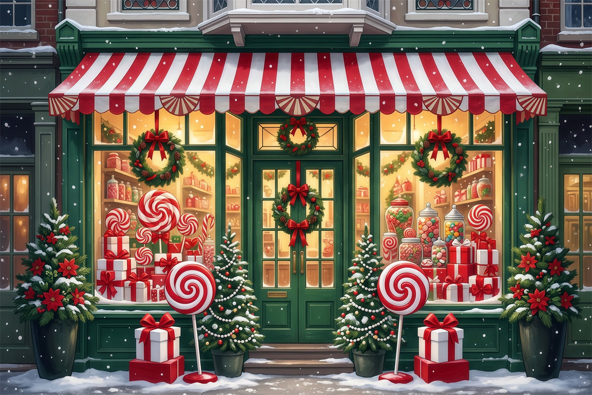 Christmas Candy Cane Backdrop Lollipop Candy Shopfront Merry Christmas Backdrop RR610-70