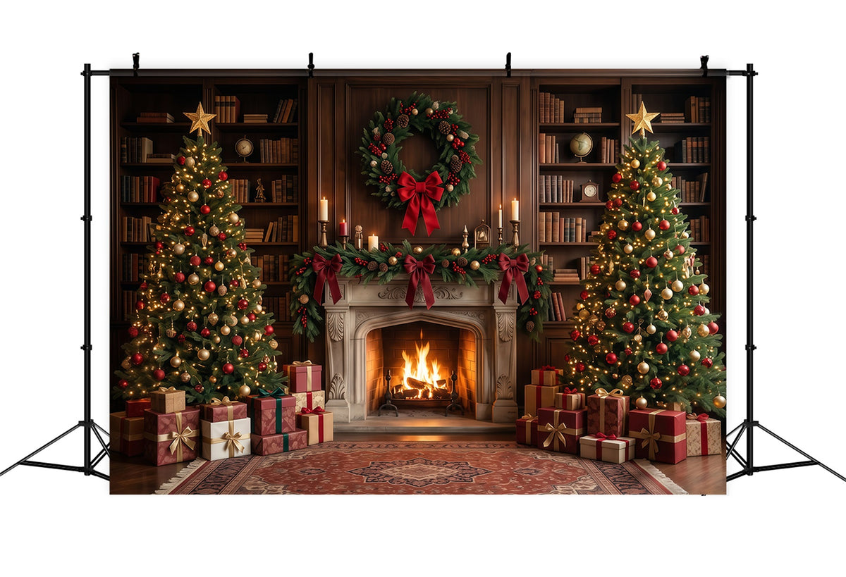 Christmas Backdrops for Photography Elegant Library Display Christmas Fireplace Backdrop RR610-71