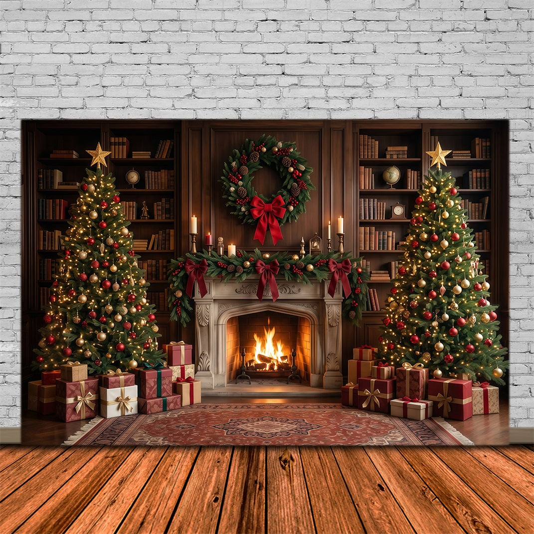 Christmas Backdrops for Photography Elegant Library Display Christmas Fireplace Backdrop RR610-71