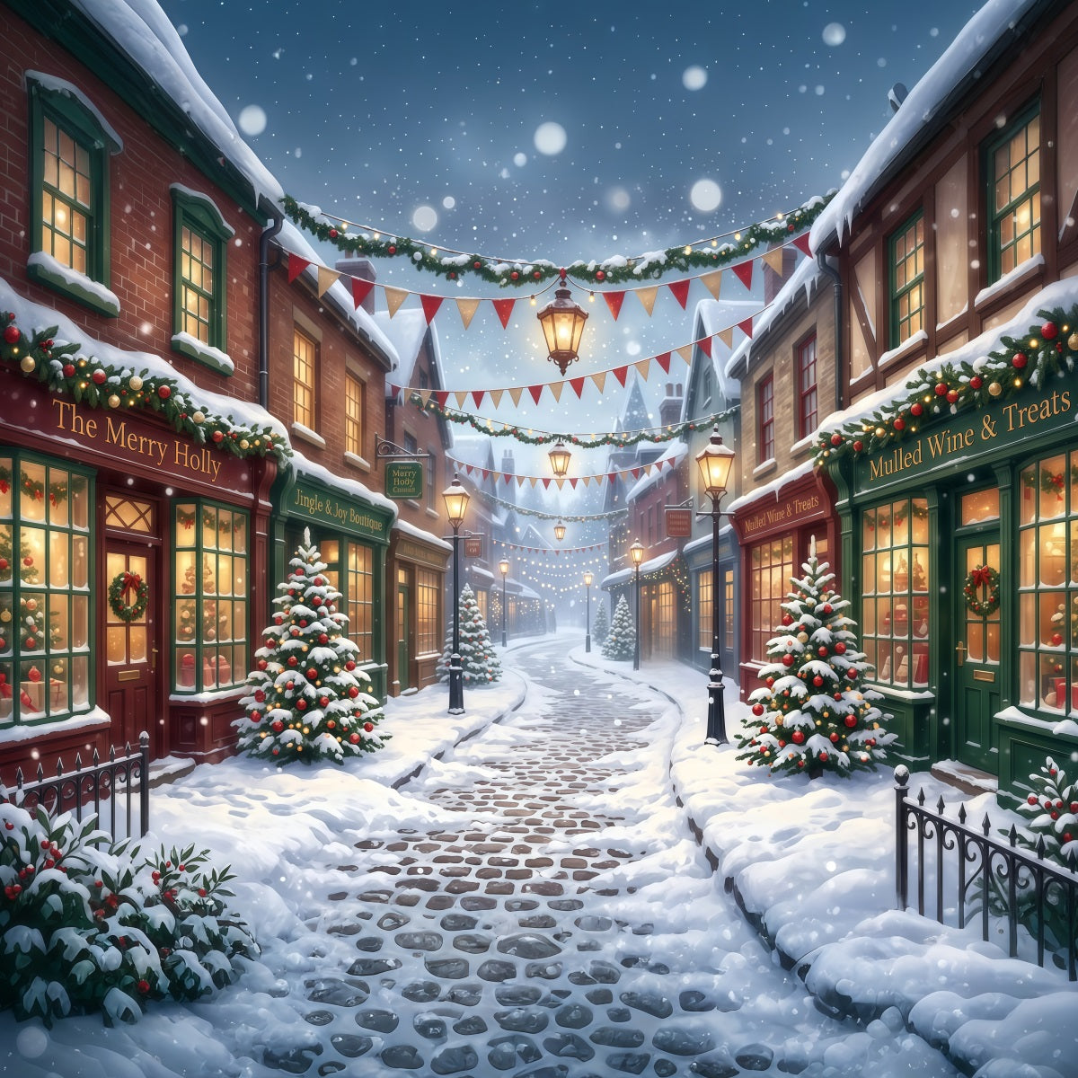 Christmas Village Backdrops Snowy Shopping Street Christmas Street Backdrop RR610-73