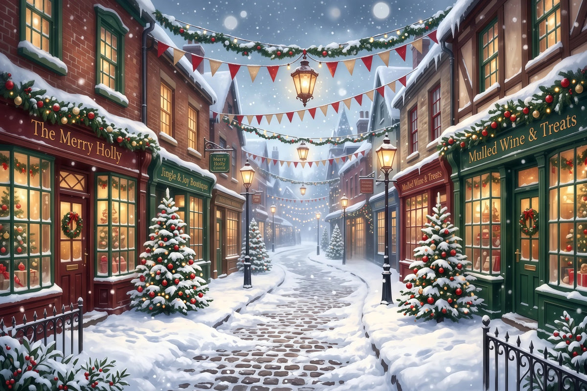 Christmas Village Backdrops Snowy Shopping Street Christmas Street Backdrop RR610-73