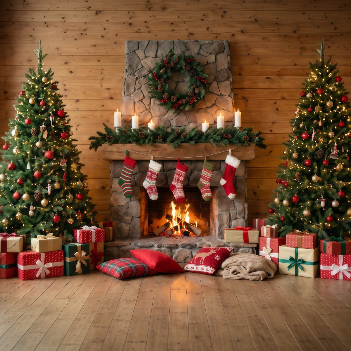 Christmas Fireplace Backdrop Rustic Stone Stockings Christmas Backdrop for Photography RR610-74