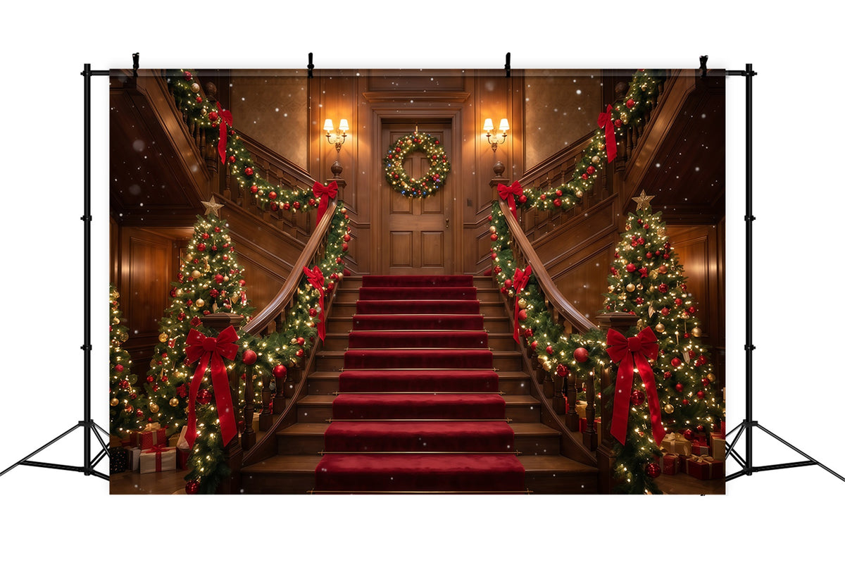 Christmas Scene Backdrop Burgundy Staircase Garland Display Christmas Staircase Backdrop RR610-75