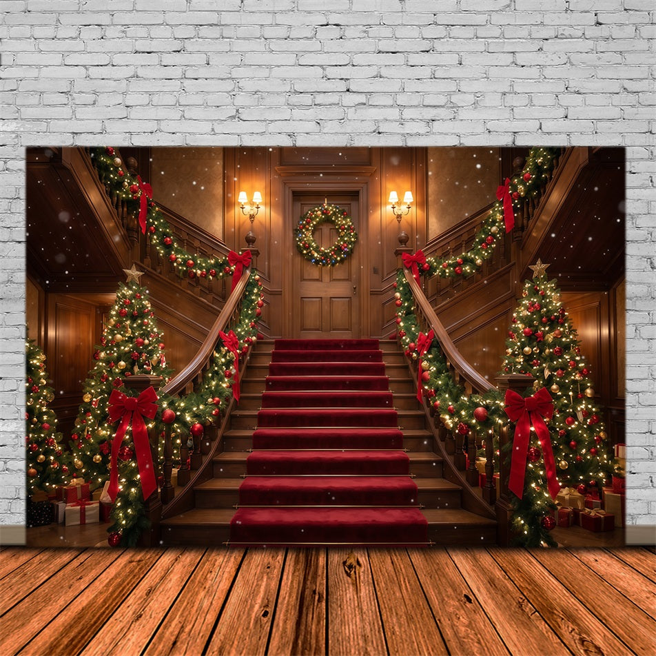 Christmas Scene Backdrop Burgundy Staircase Garland Display Christmas Staircase Backdrop RR610-75