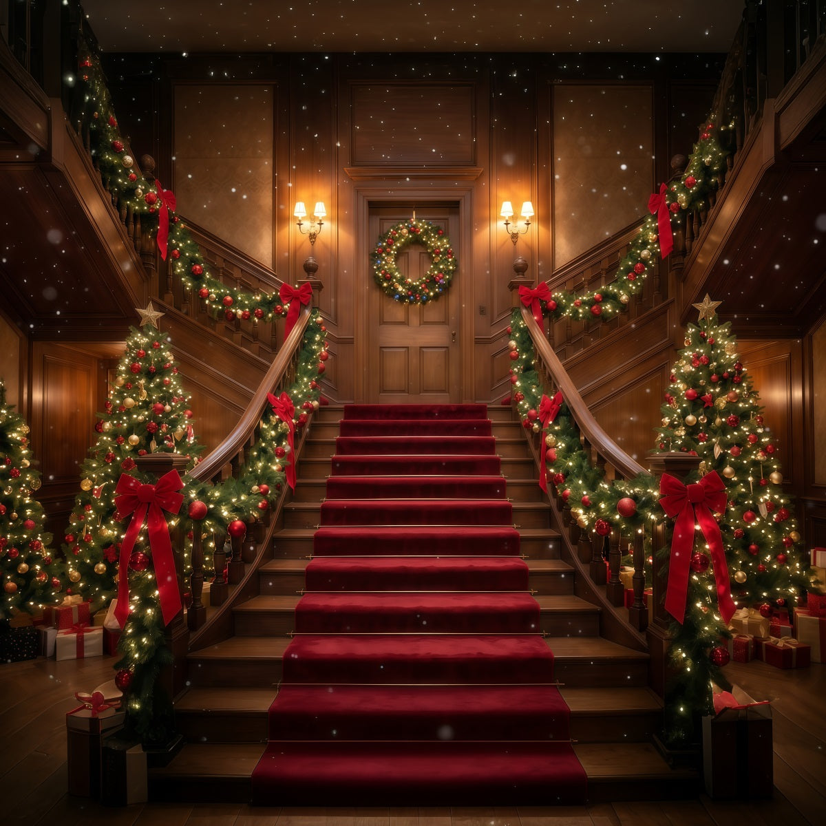 Christmas Scene Backdrop Burgundy Staircase Garland Display Christmas Staircase Backdrop RR610-75