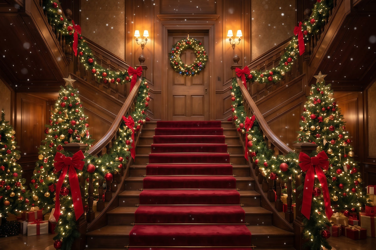 Christmas Scene Backdrop Burgundy Staircase Garland Display Christmas Staircase Backdrop RR610-75