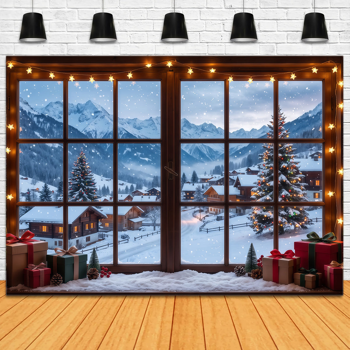 Winter Christmas Backdrop Snowy Alpine Cabin Window Christmas Village Backdrops RR610-77