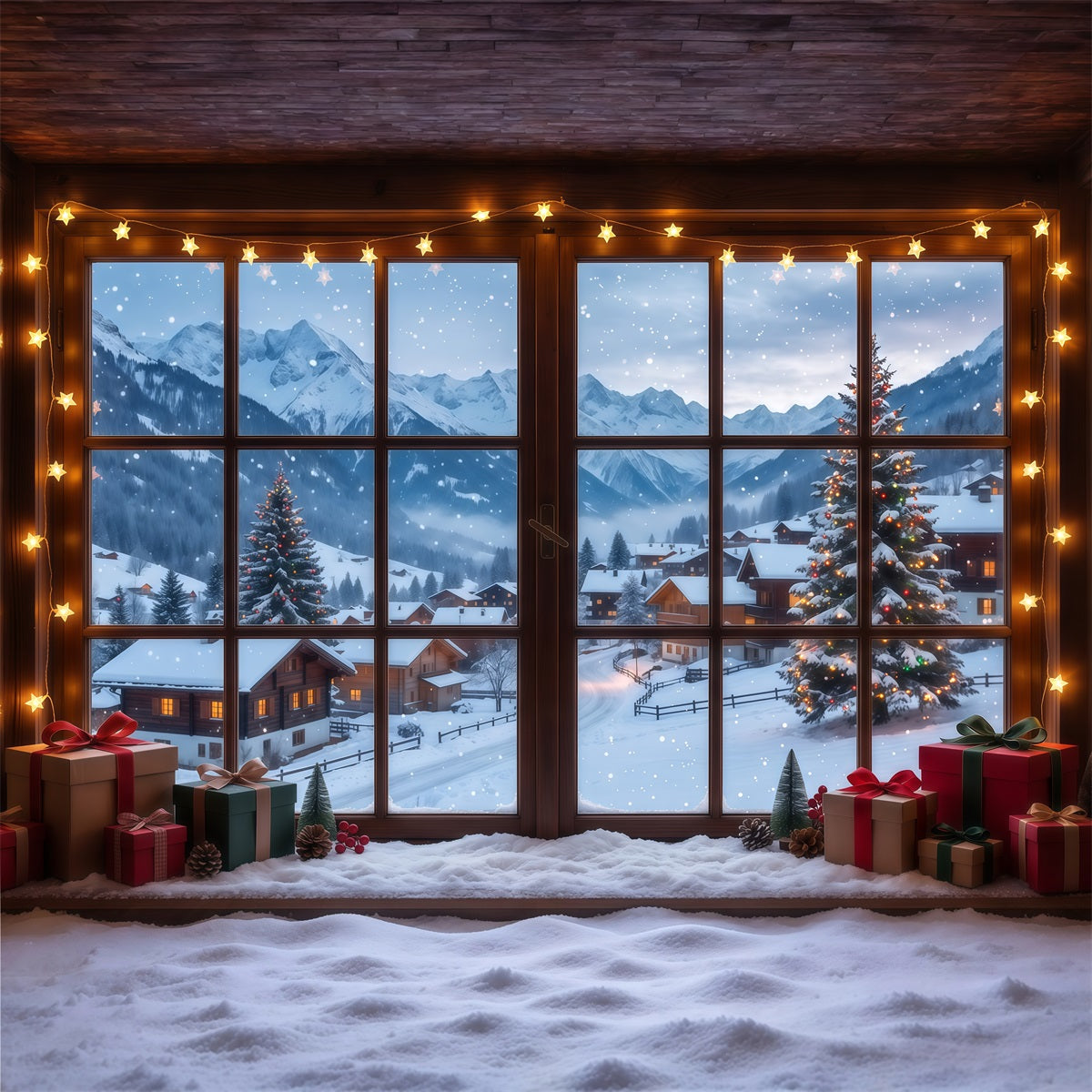 Winter Christmas Backdrop Snowy Alpine Cabin Window Christmas Village Backdrops RR610-77