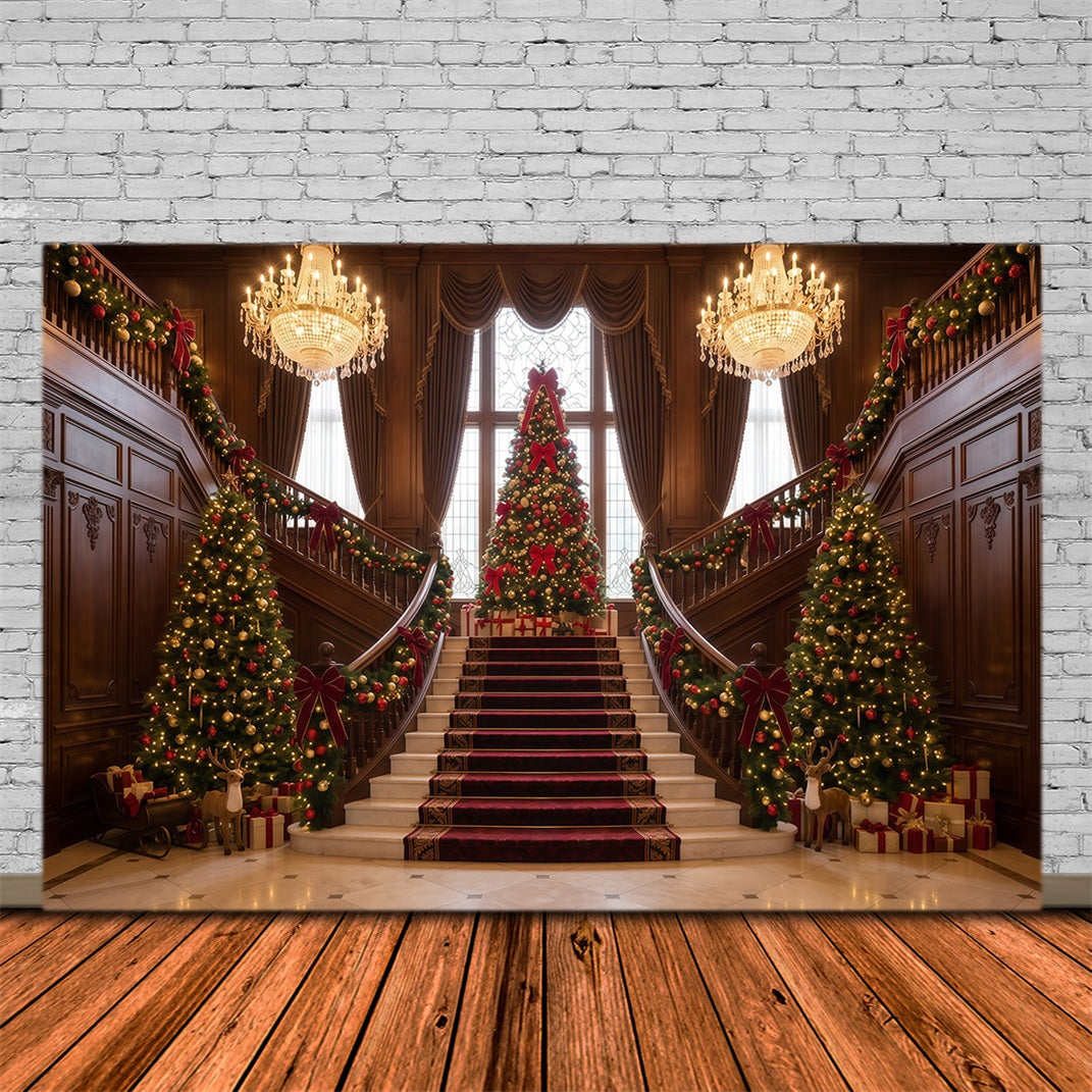 Living Room Christmas Backdrop Grand Staircase Evergreen Display Christmas Wall Backdrop RR610-78