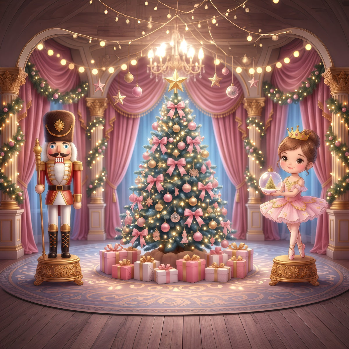 Nutcracker Ballet Backdrop Pink Palace Bow Tree Christmas Scene Backdrop RR610-8