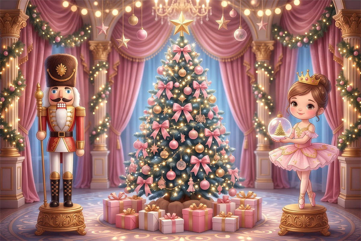 Nutcracker Ballet Backdrop Pink Palace Bow Tree Christmas Scene Backdrop RR610-8