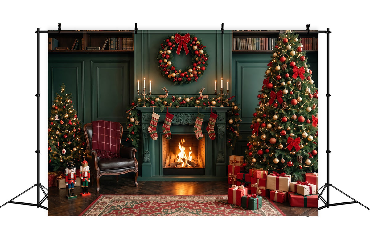 Christmas Fireplace Backdrops Emerald Stocking Display Christmas Scene Backdrop RR610-80