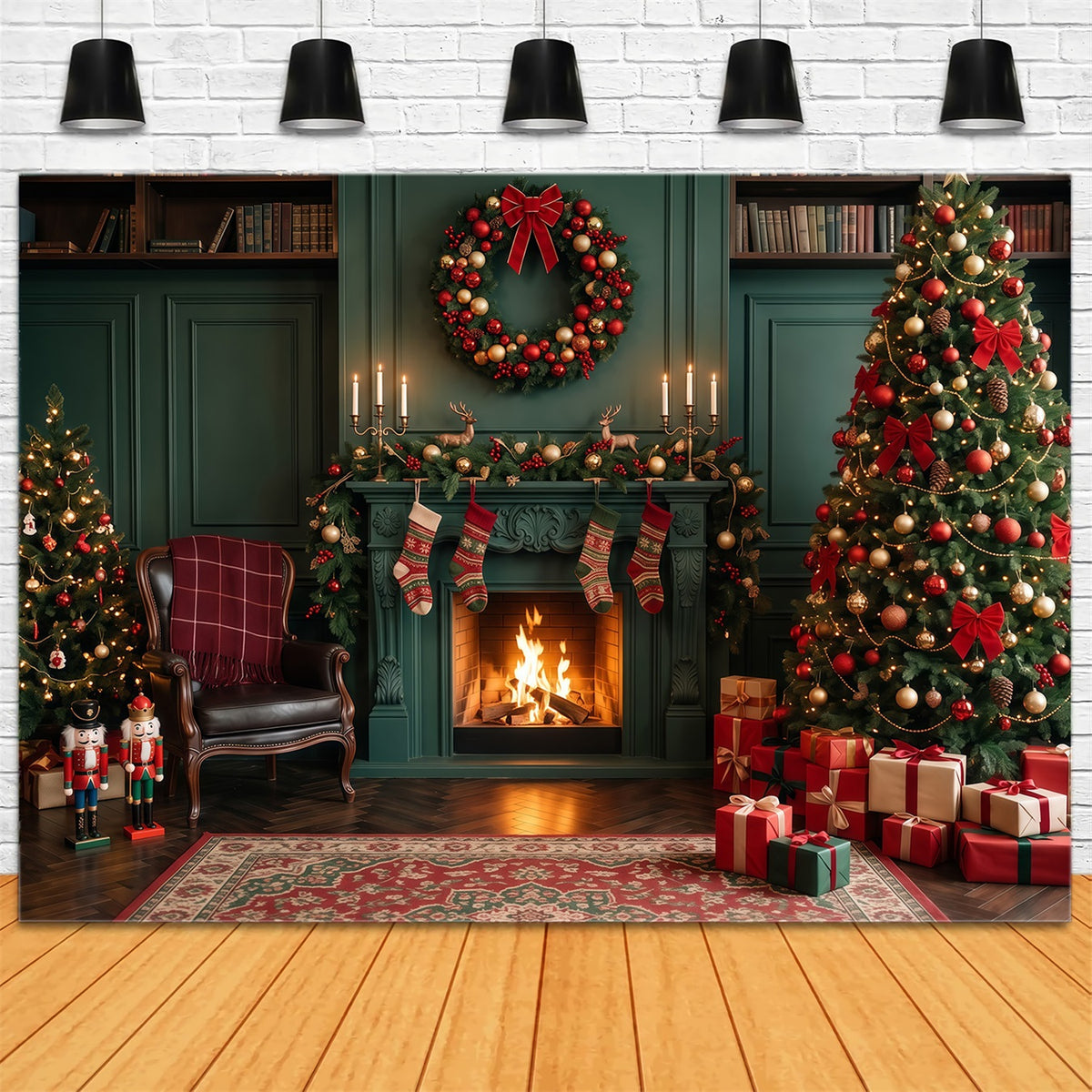 Christmas Fireplace Backdrops Emerald Stocking Display Christmas Scene Backdrop RR610-80