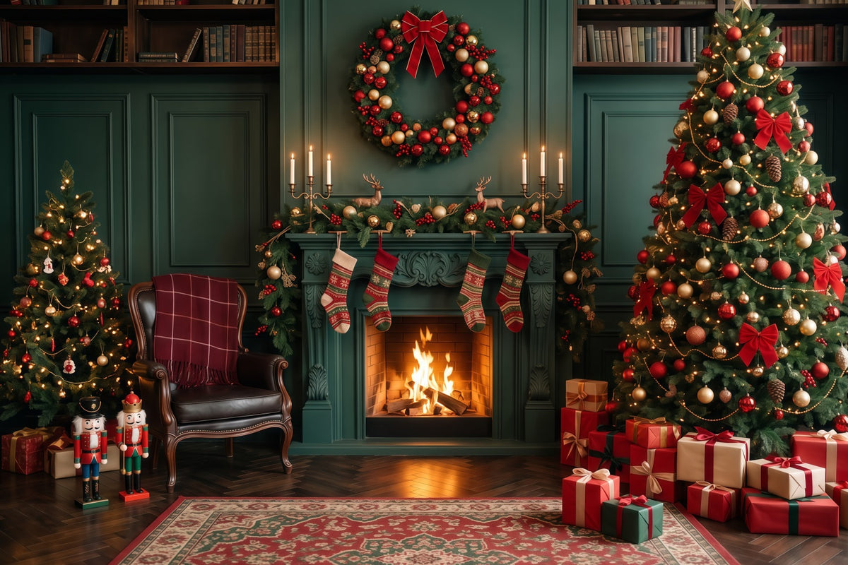 Christmas Fireplace Backdrops Emerald Stocking Display Christmas Scene Backdrop RR610-80