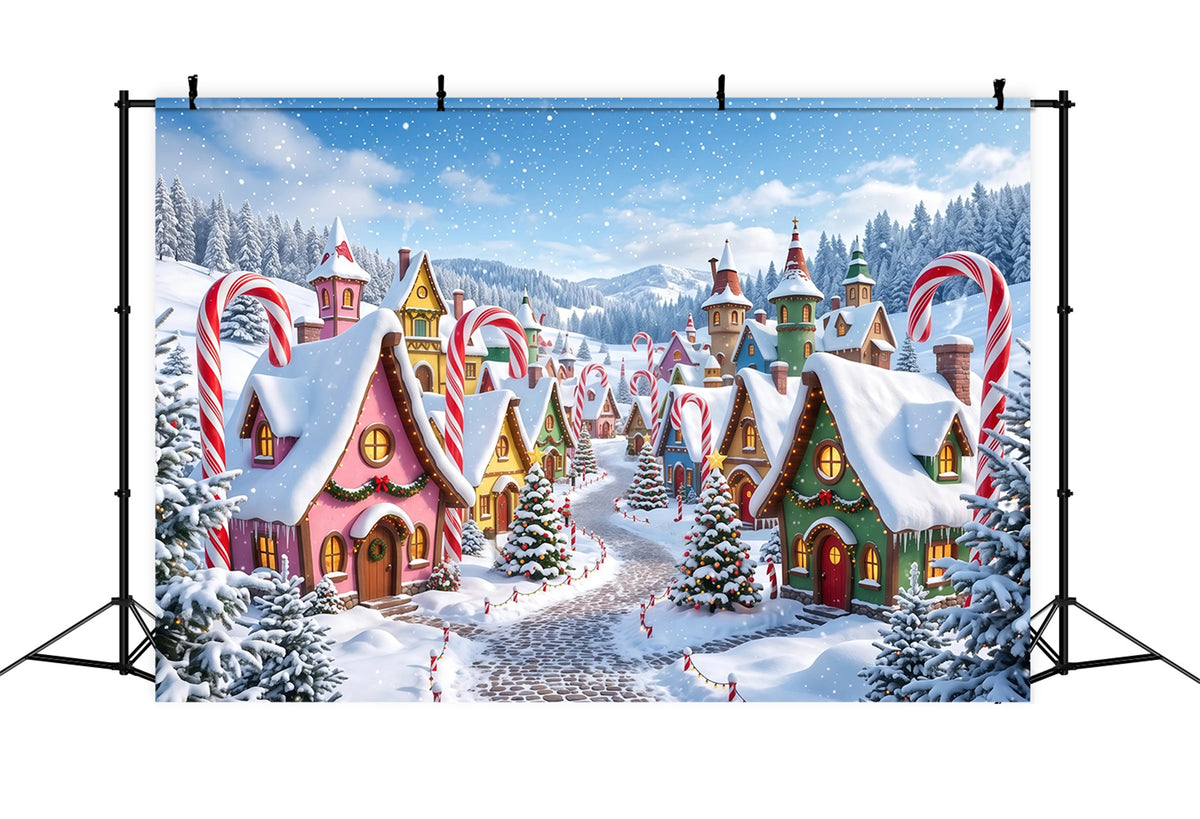 Christmas Village Backdrops Snowy Candy Cane Cottage Christmas Photo Backdrop RR610-81