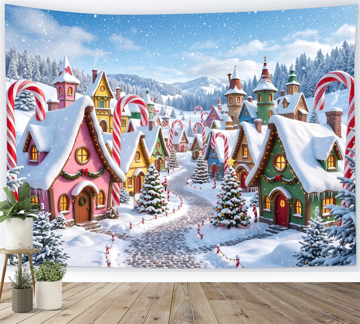 Christmas Village Backdrops Snowy Candy Cane Cottage Christmas Photo Backdrop RR610-81
