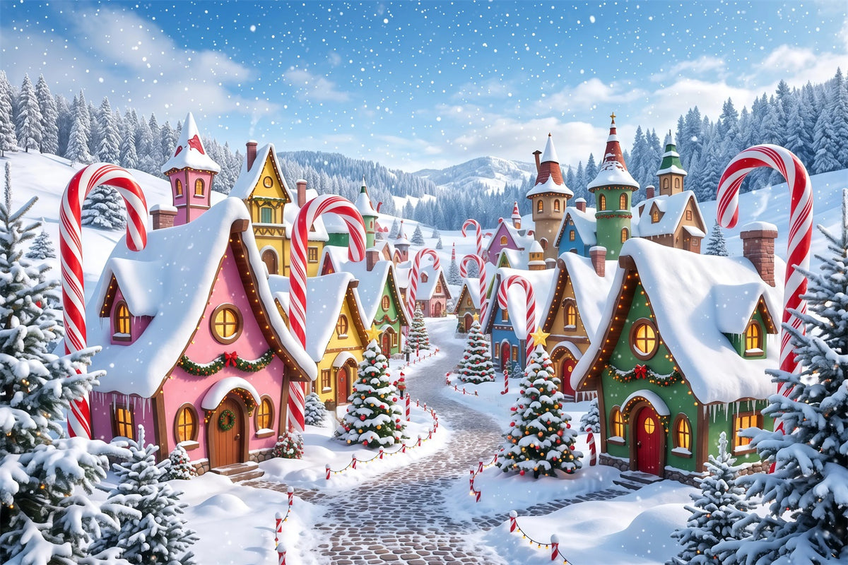 Christmas Village Backdrops Snowy Candy Cane Cottage Christmas Photo Backdrop RR610-81