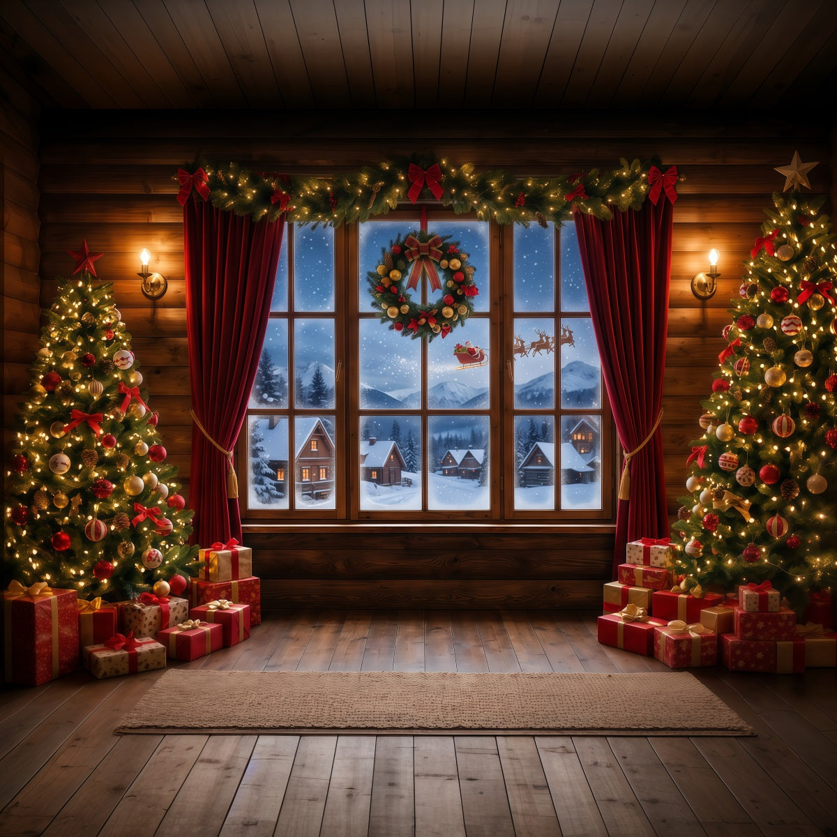 Santa Backdrop Snowy Village Window Display Christmas Backdrops RR610-83