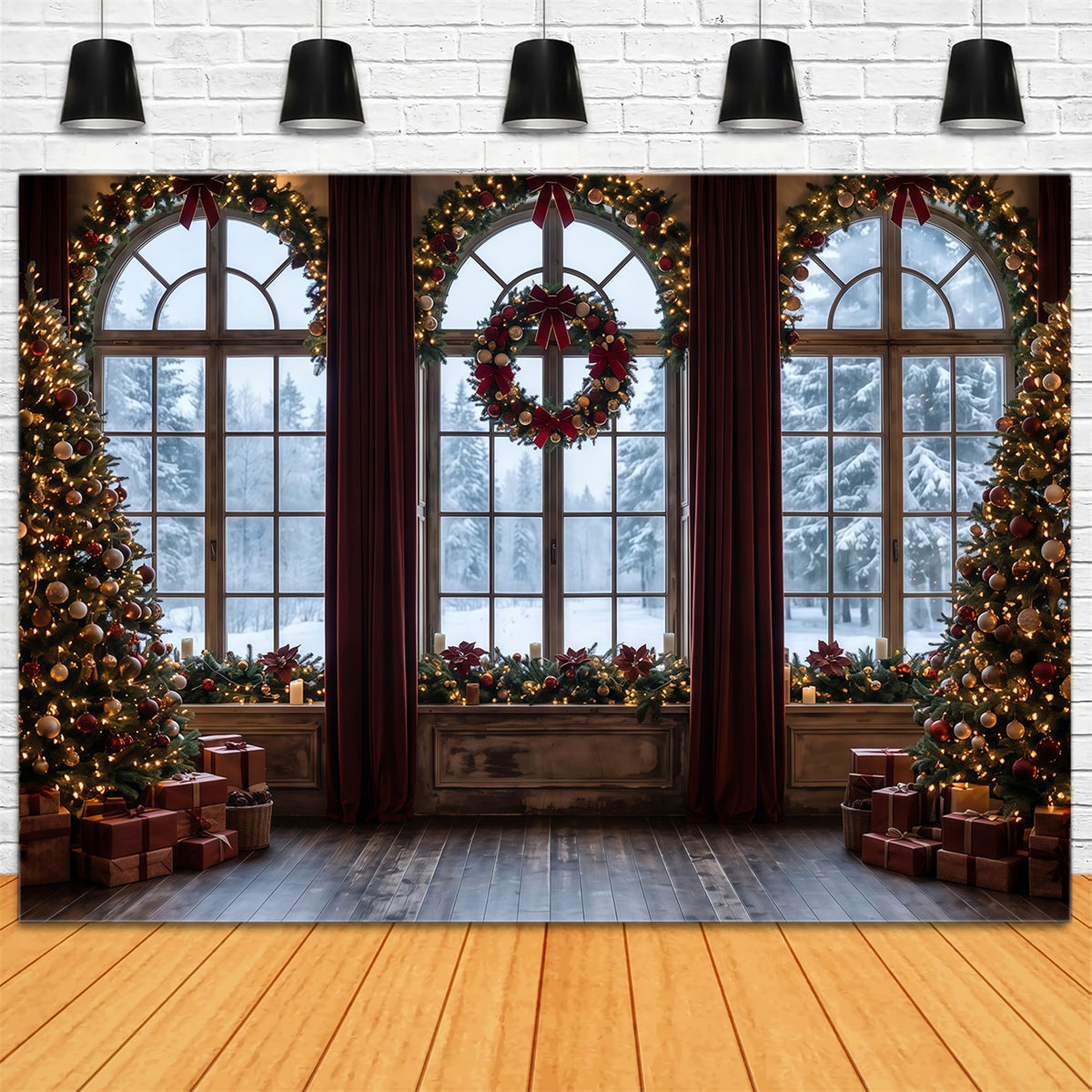 Christmas Backdrops Frosted Window Wreath Display Christmas Backdrop for Photos RR610-85