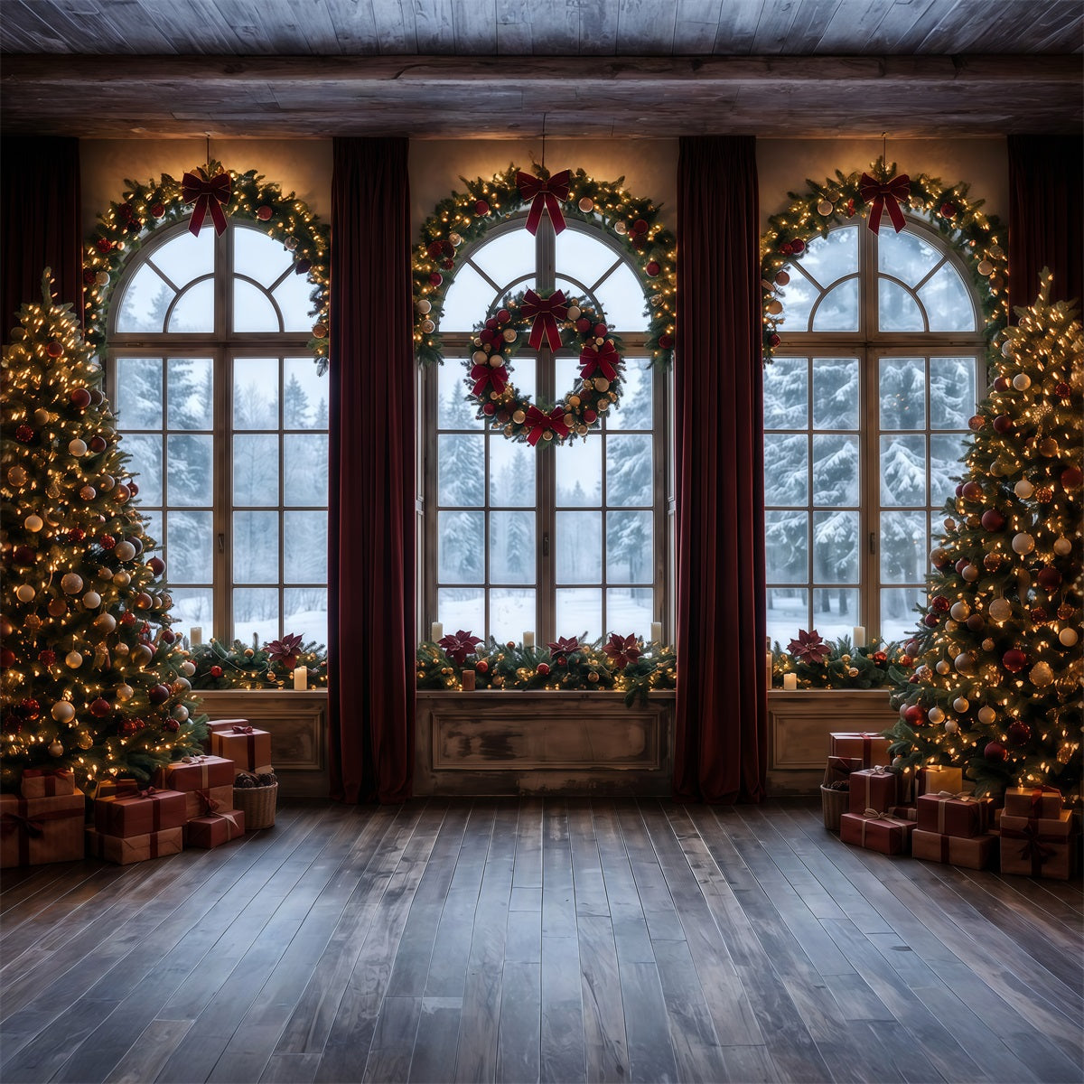 Christmas Backdrops Frosted Window Wreath Display Christmas Backdrop for Photos RR610-85