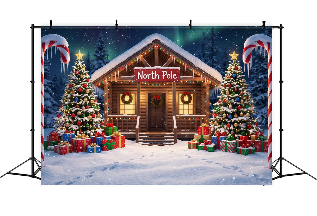 North Pole Photo Backdrop Candy Cane Cabin Entrance Professional Christmas Backdrop RR610-86