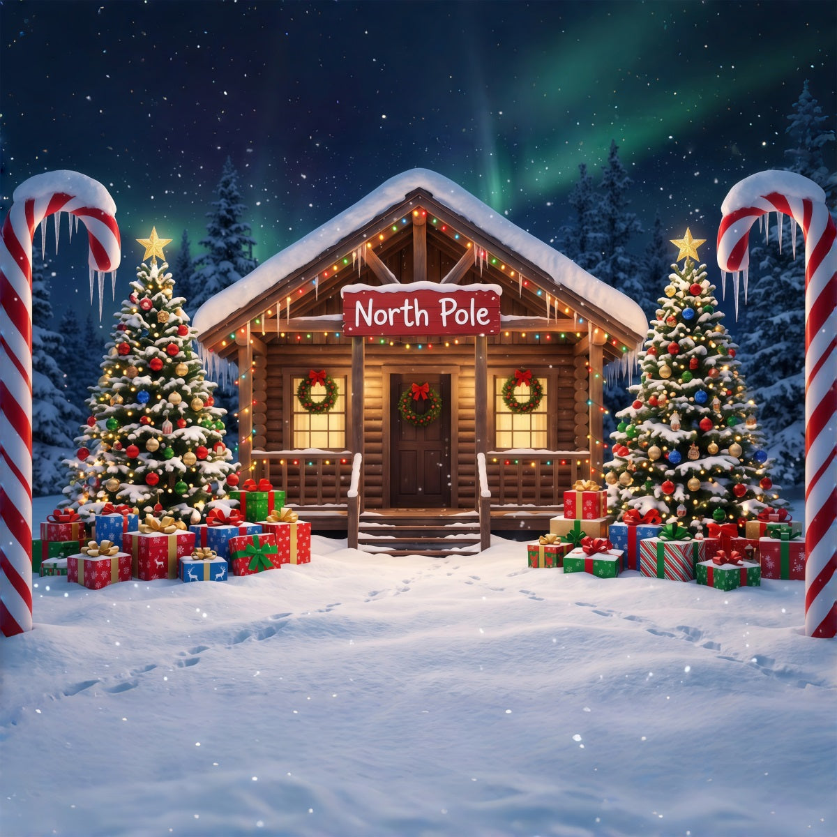 North Pole Photo Backdrop Candy Cane Cabin Entrance Professional Christmas Backdrop RR610-86