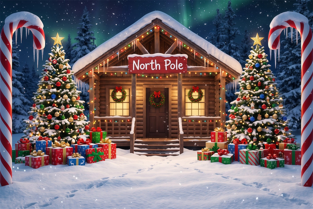 North Pole Photo Backdrop Candy Cane Cabin Entrance Professional Christmas Backdrop RR610-86