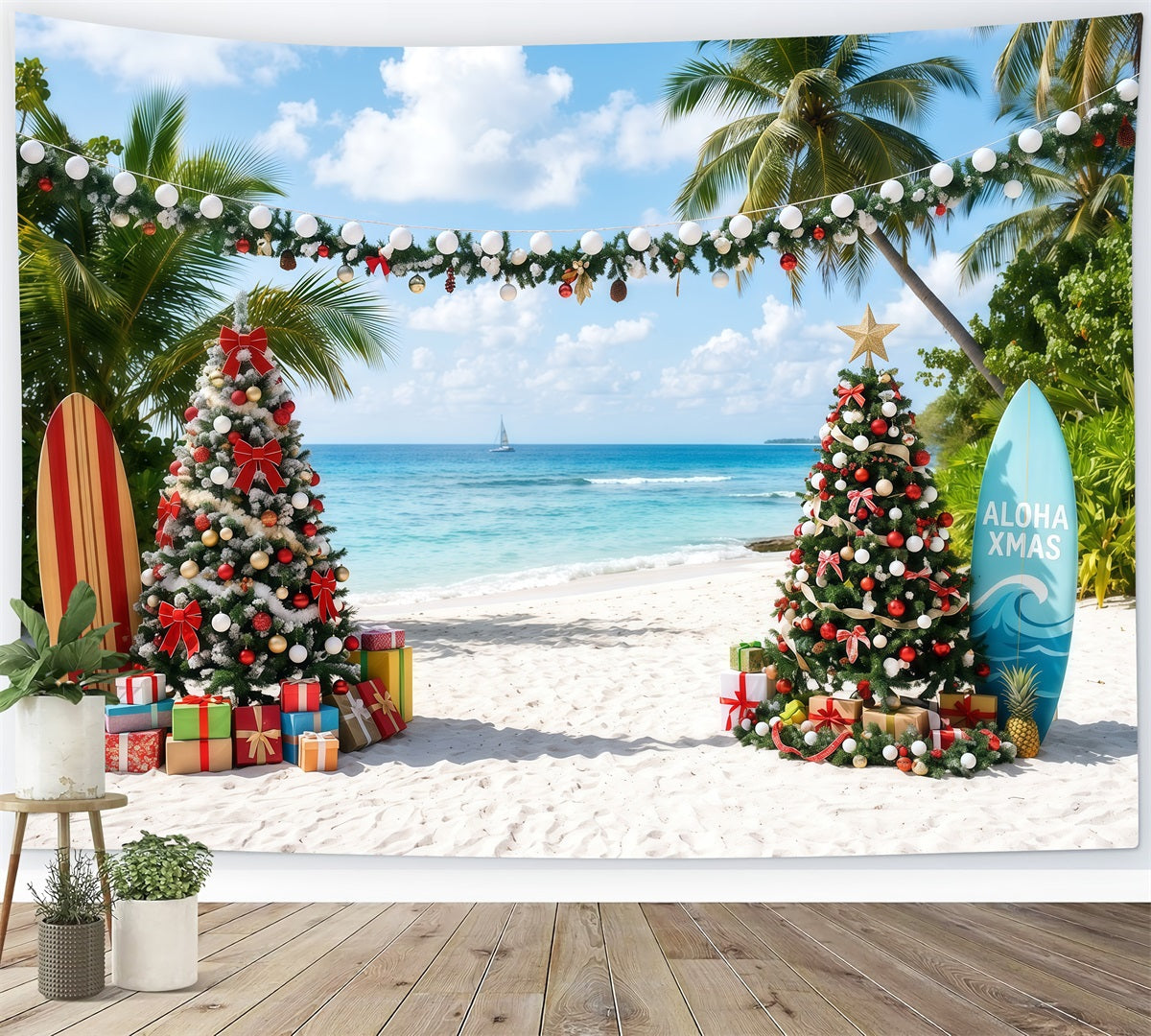 Tropical Christmas Backdrop Sea Beach Surfboard Display Christmas Backdrops for Photos RR610-87