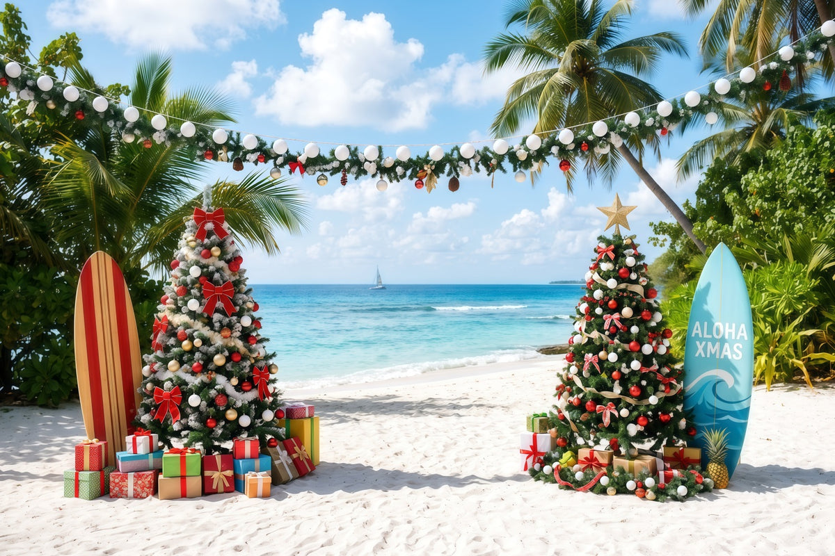 Tropical Christmas Backdrop Sea Beach Surfboard Display Christmas Backdrops for Photos RR610-87