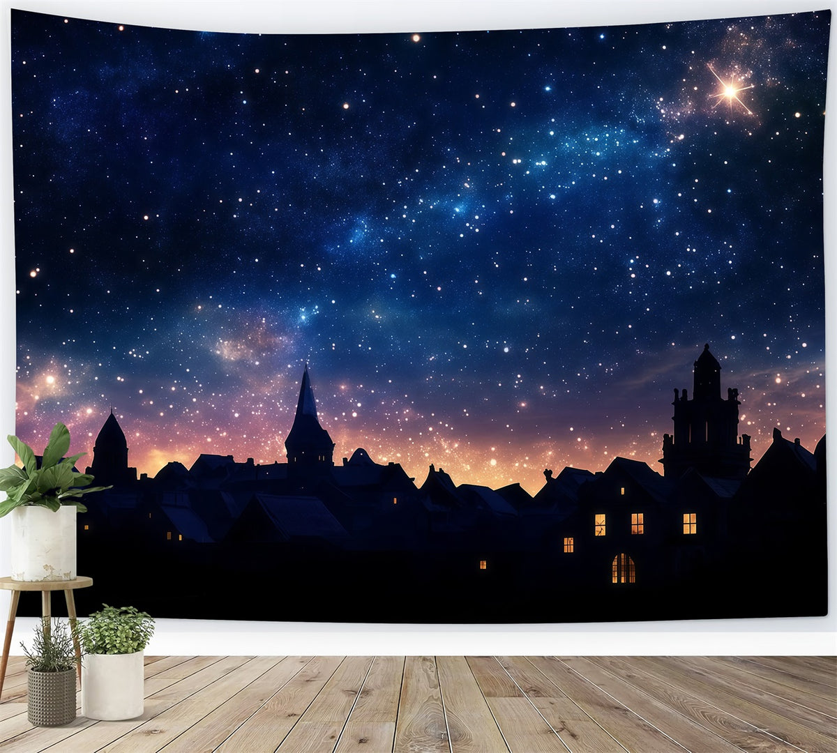 Nativity Scene Backdrop Starlit Village Silhouette Sky Christmas Photo Backdrop Ideas RR610-88