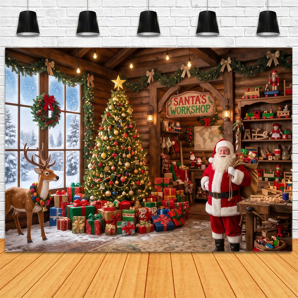 Santa Workshop Backdrop Rustic Toy Room Interior Christmas Backdrops for Photography RR610-89