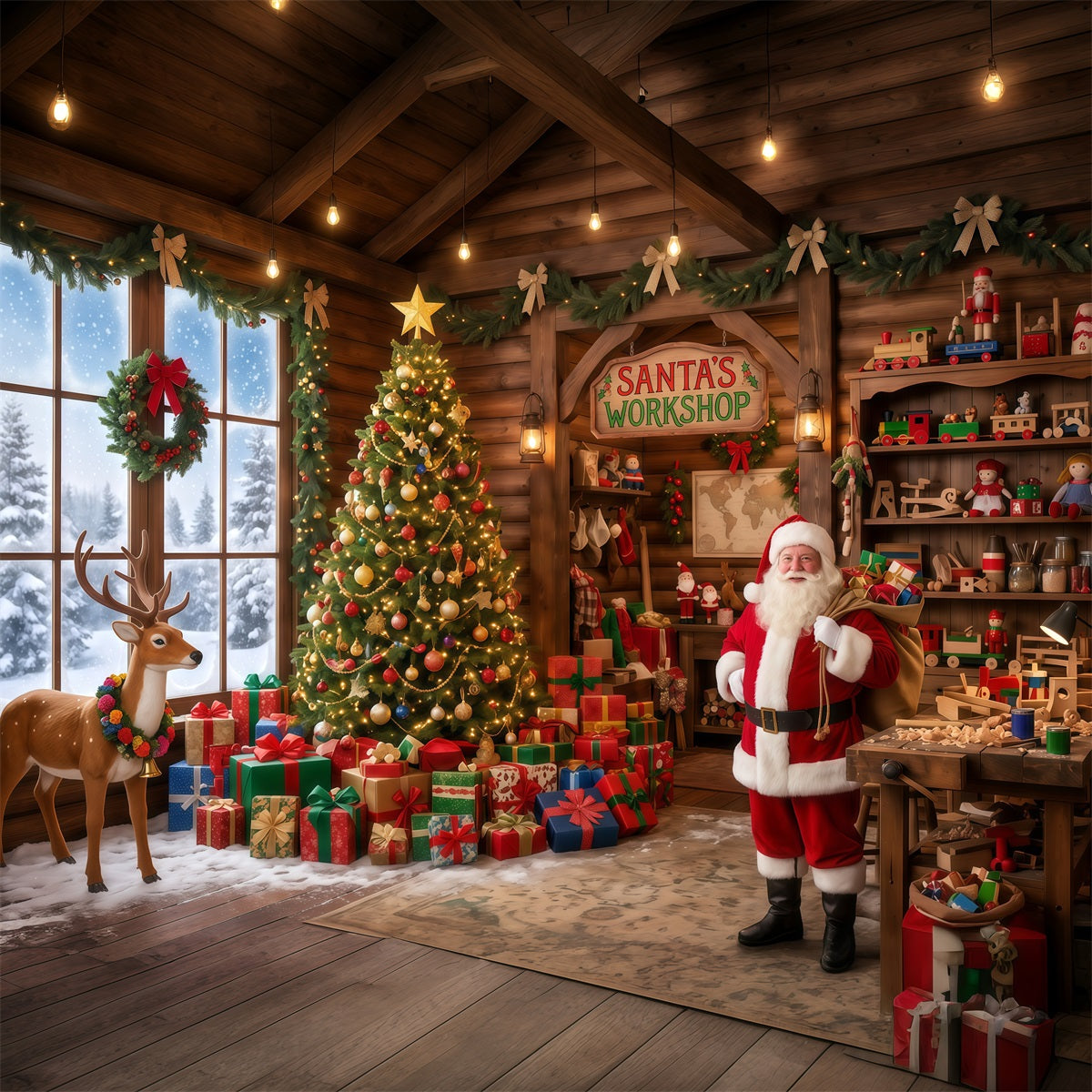 Santa Workshop Backdrop Rustic Toy Room Interior Christmas Backdrops for Photography RR610-89
