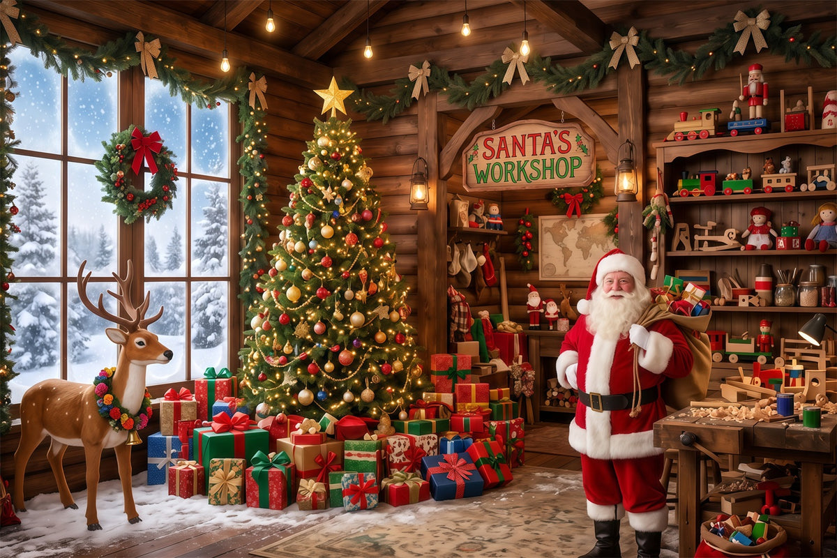 Santa Workshop Backdrop Rustic Toy Room Interior Christmas Backdrops for Photography RR610-89