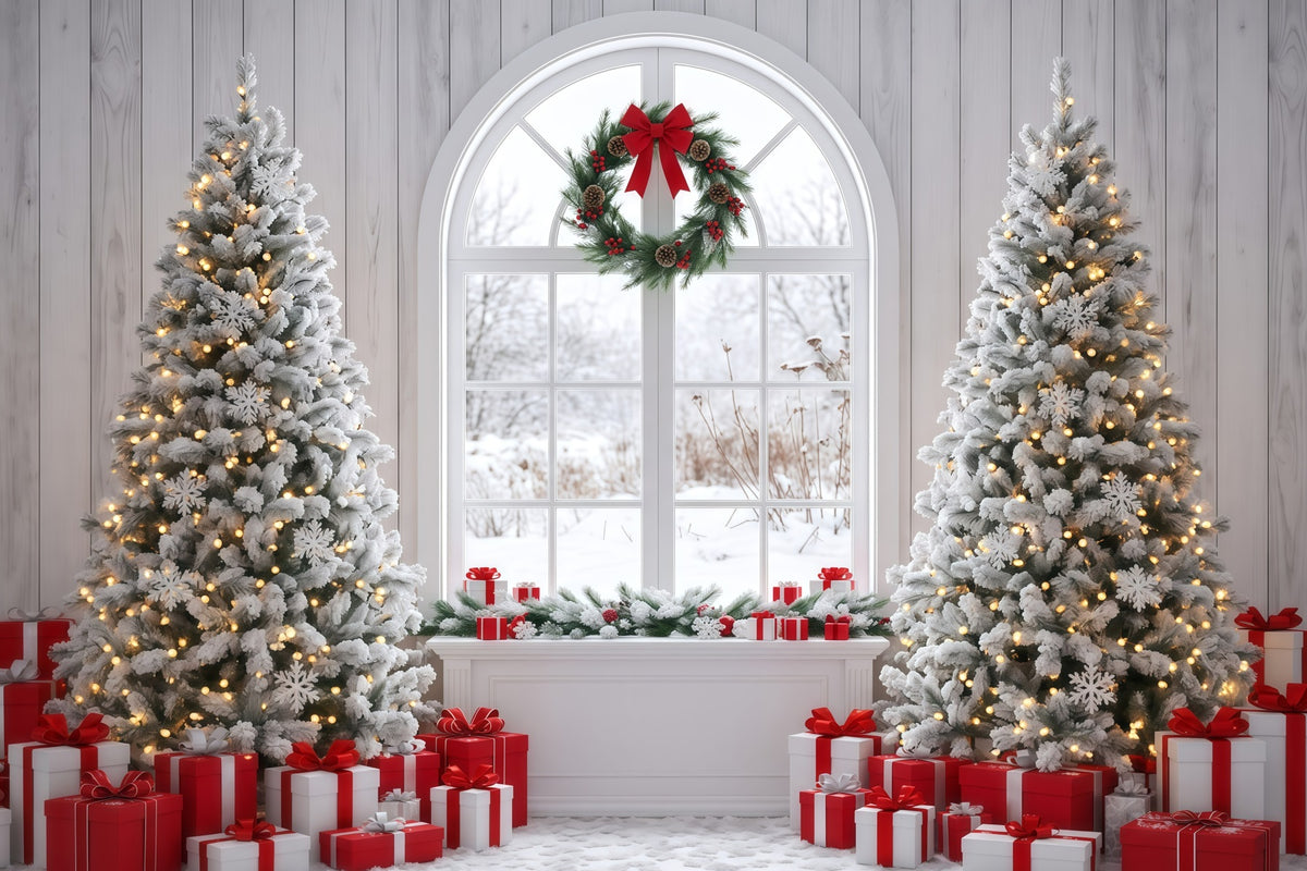 Photography Christmas Backdrops Snowy Window Tree Display Christmas Themed Backdrops RR610-9