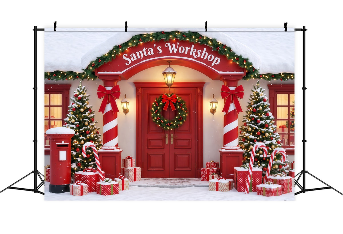 Santa's Workshop Backdrop Candy Cane Room Entrance Christmas Red Backdrop RR610-90