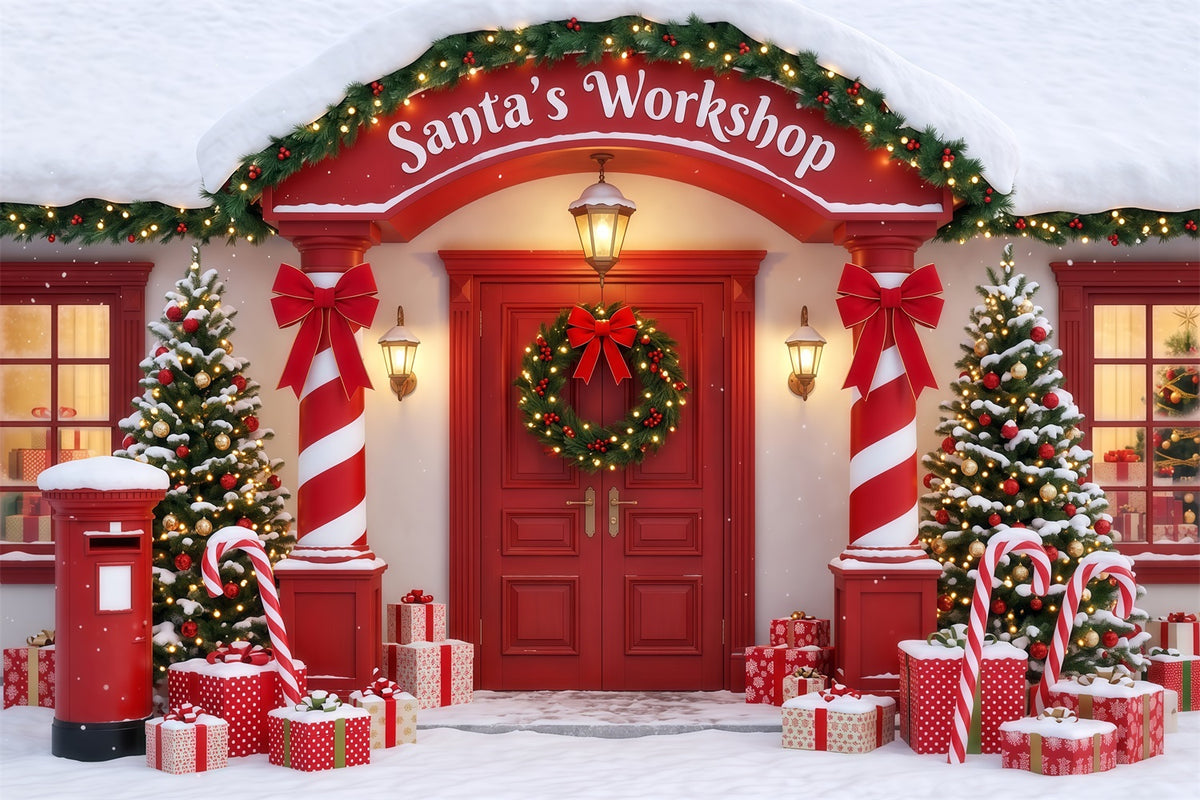 Santa's Workshop Backdrop Candy Cane Room Entrance Christmas Red Backdrop RR610-90