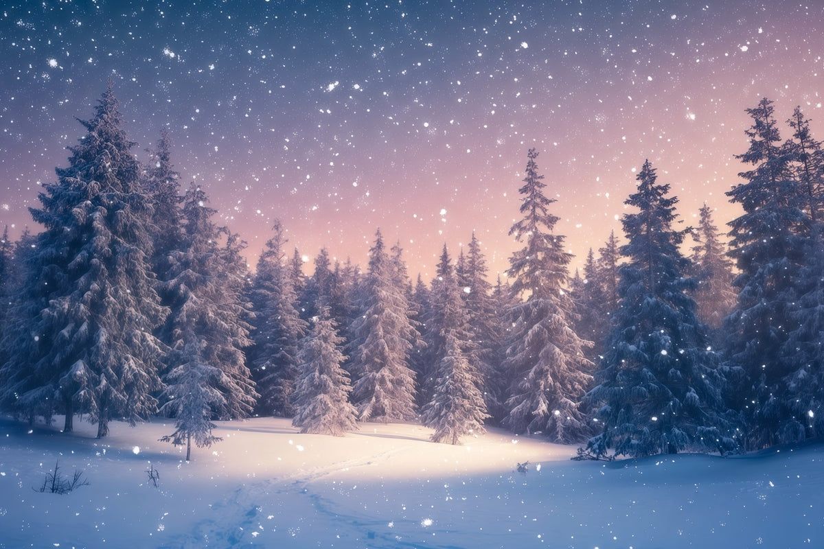 Christmas Tree Backdrops Snowy Twilight Evergreen Forest Xmas Backdrop RR610-92