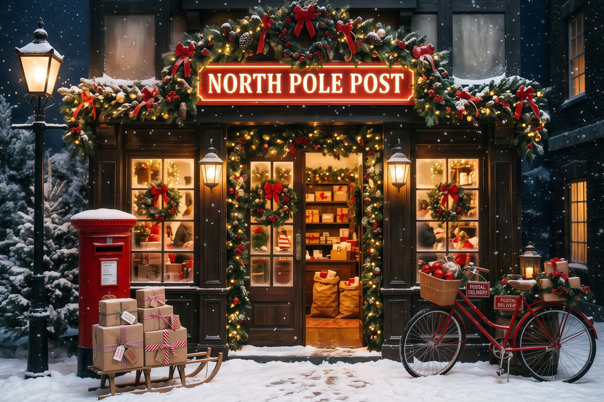 North Pole Photo Backdrop Snowy Post Office Christmas Photography Backdrops RR610-93