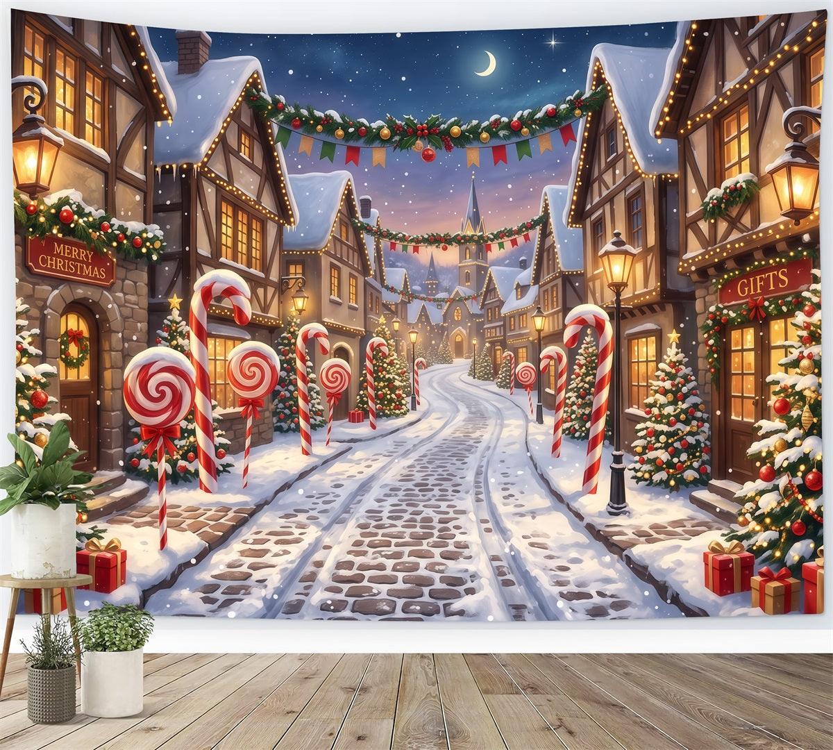 Christmas Village Backdrops Candy Cane Snow Street Photography Christmas Backdrops RR610-94