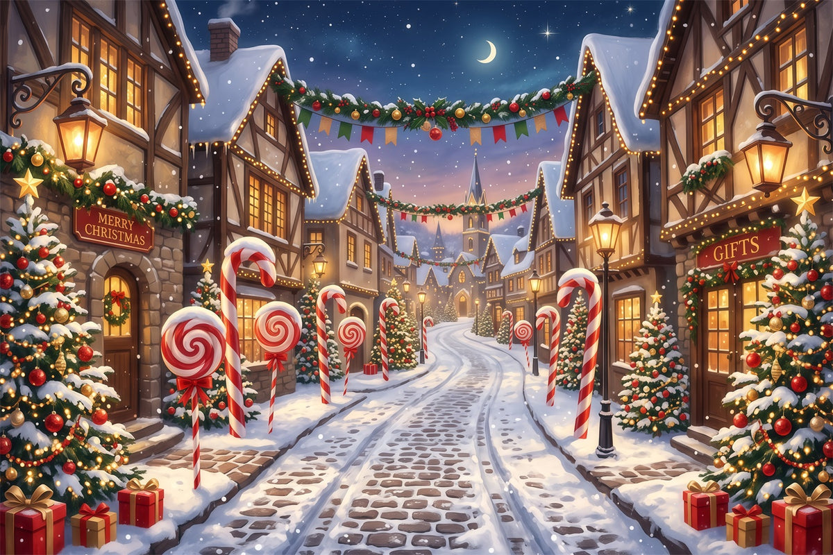 Christmas Village Backdrops Candy Cane Snow Street Photography Christmas Backdrops RR610-94