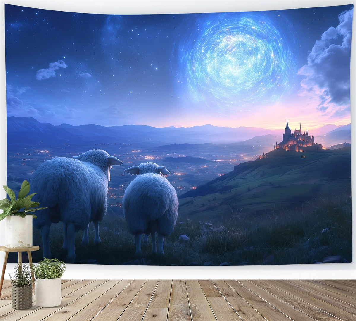 Nativity Scene Backdrop Sheep Watching Twilight Castle Christmas Backdrop Photography RR610-95