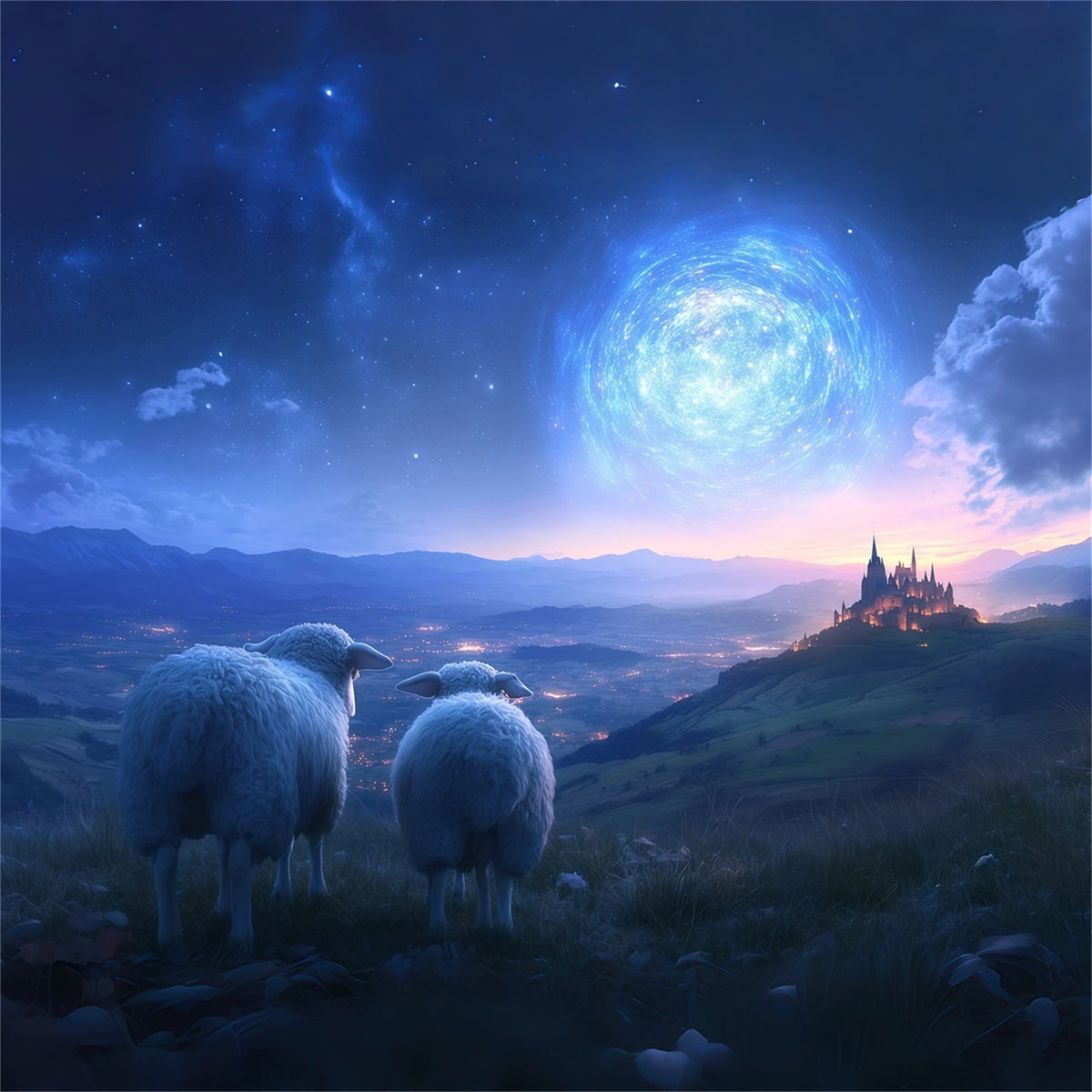 Nativity Scene Backdrop Sheep Watching Twilight Castle Christmas Backdrop Photography RR610-95
