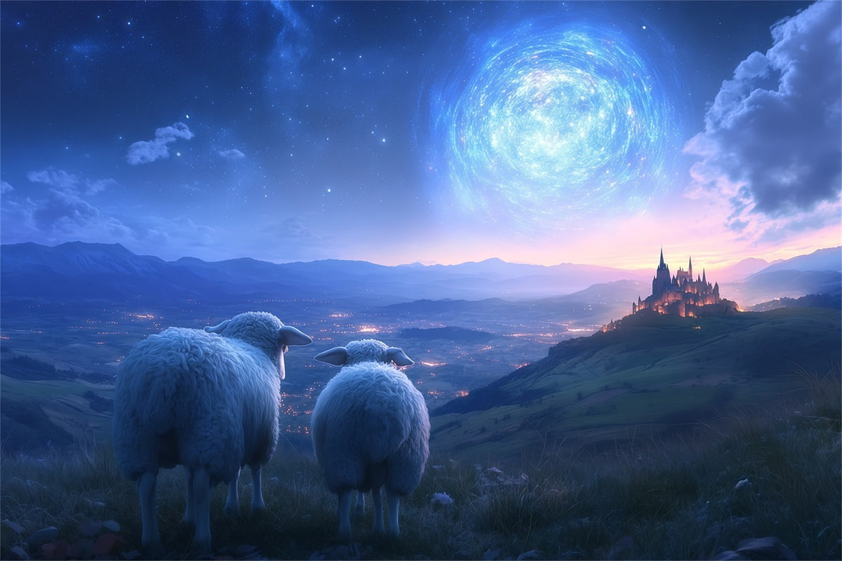 Nativity Scene Backdrop Sheep Watching Twilight Castle Christmas Backdrop Photography RR610-95