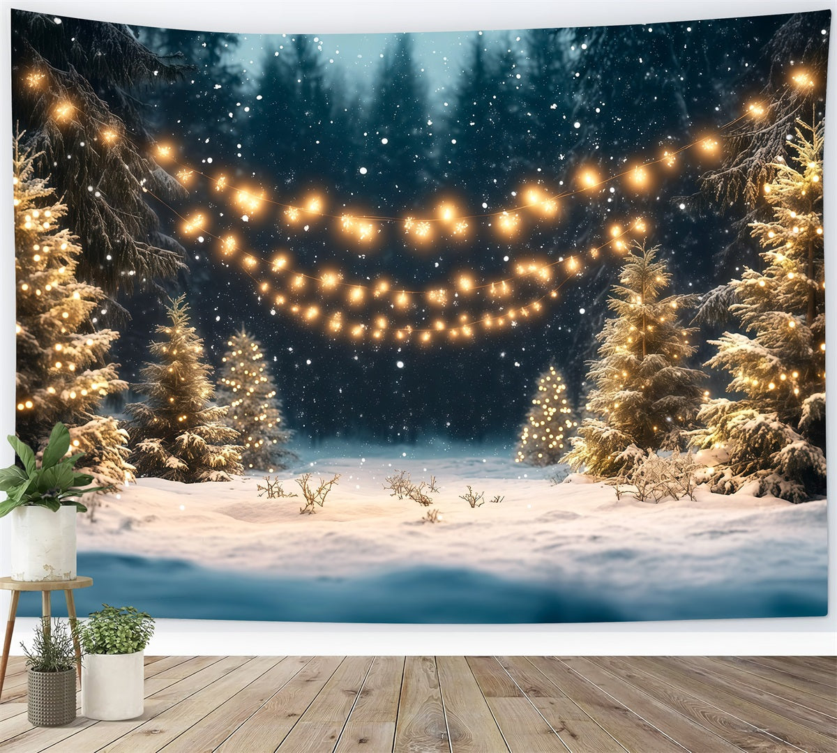 Christmas Tree Farm Backdrop Snowy Forest Golden Lights Christmas Tree Backdrops RR610-96