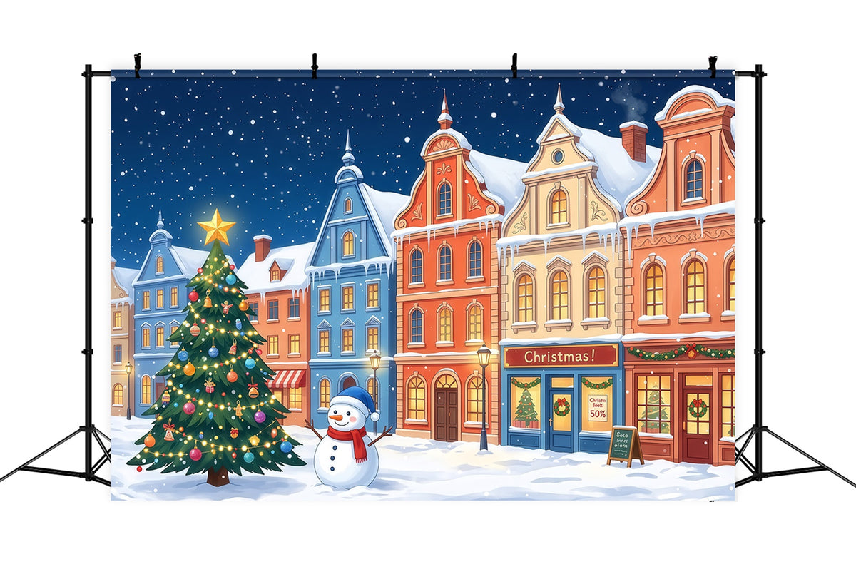 Christmas Town Backdrops Colorful Snowy Town Snowman Christmas Picture Backdrop RR610-97