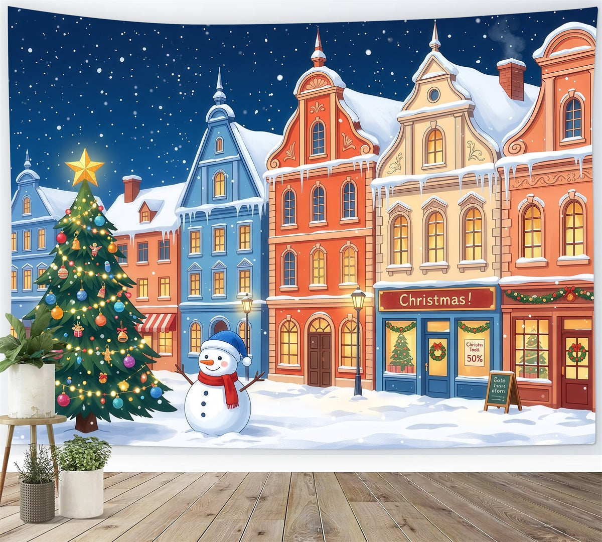 Christmas Town Backdrops Colorful Snowy Town Snowman Christmas Picture Backdrop RR610-97