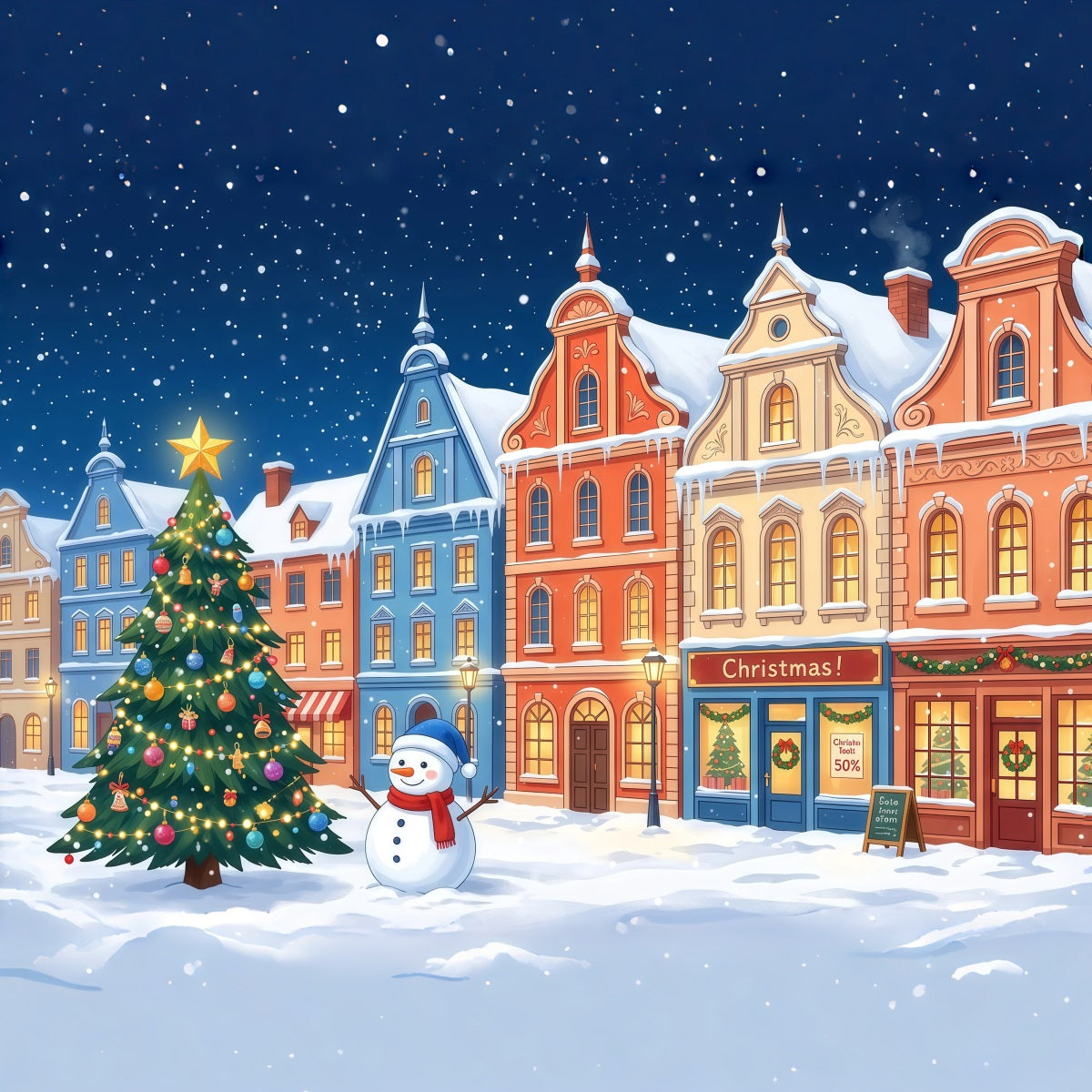Christmas Town Backdrops Colorful Snowy Town Snowman Christmas Picture Backdrop RR610-97