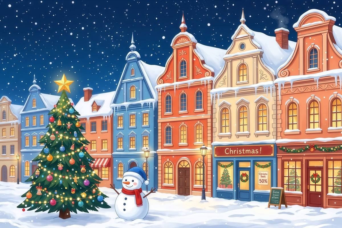 Christmas Town Backdrops Colorful Snowy Town Snowman Christmas Picture Backdrop RR610-97