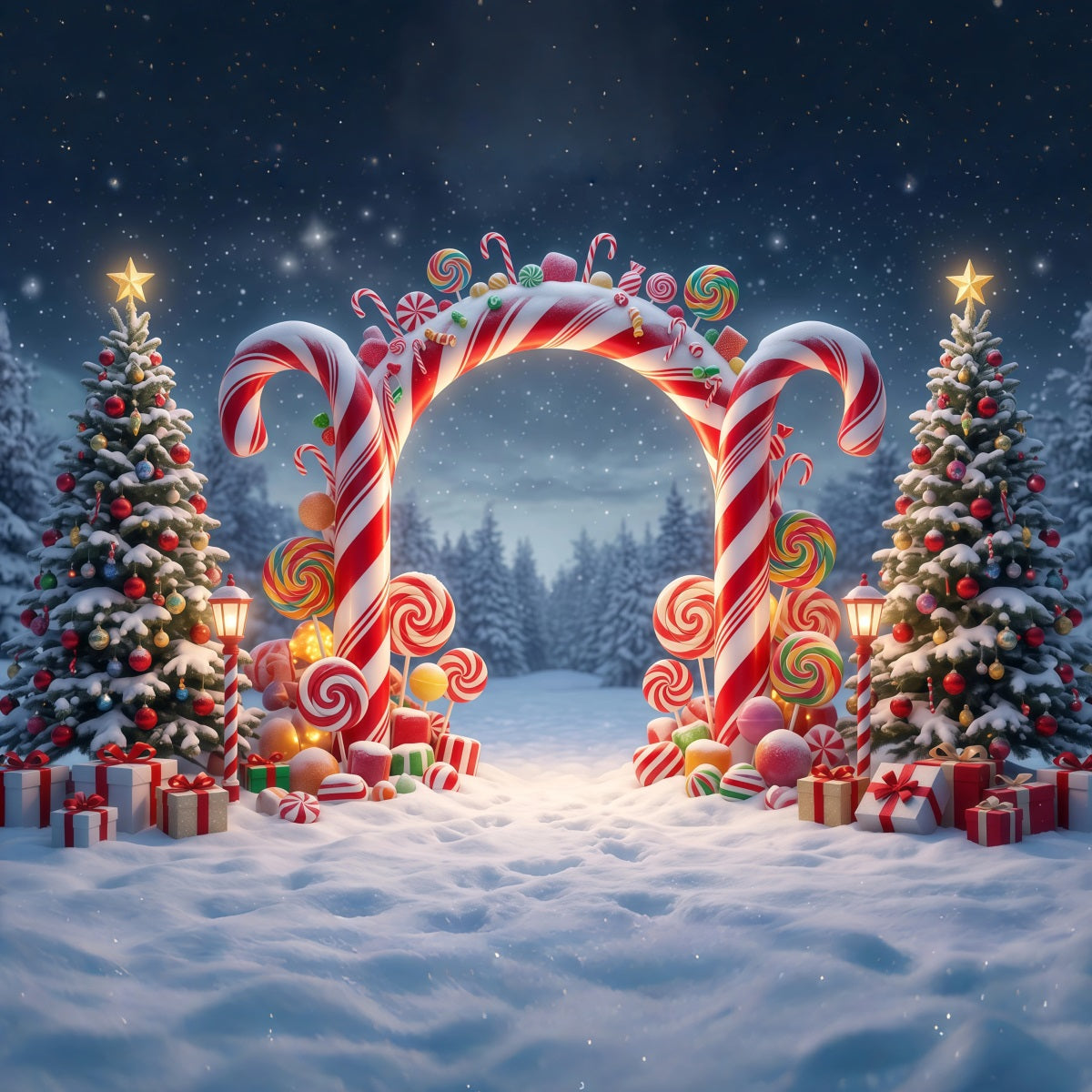 Christmas Candy Cane Backdrop Snowy Forest Lollipop Archway Christmas Party Backdrop RR610-98